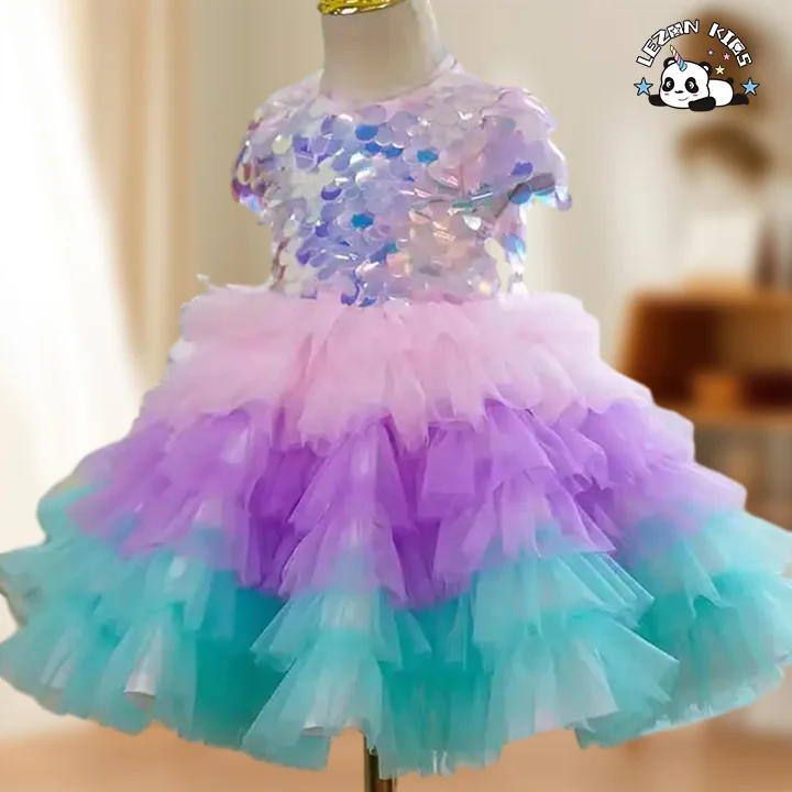 LEZONKIDS - Vestido de menina com lantejoulas e tutu em camadas para aniversário, vestido de princesa fofo e florido